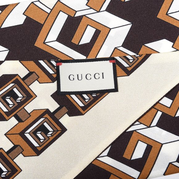 Gucci Silk Geometric G Print Neck Bow Scarf Brown Twilly - Picture 5 of 6